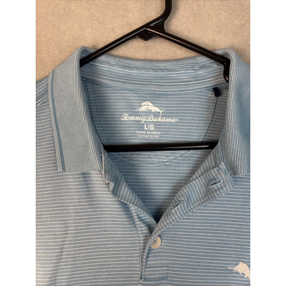 Tommy Bahama Shirt Mens Lg Short‎ Sleeve Polo Baby Blue Striped Cotton Blend - Picture 3 of 8